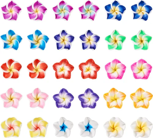 Vista 8 de Craftdady 120 cuentas de flores de arcilla polimérica 3D Plumeria floral pequeñas cuentas espaciadoras lindas cuentas de flores de 0.591-0.630 in