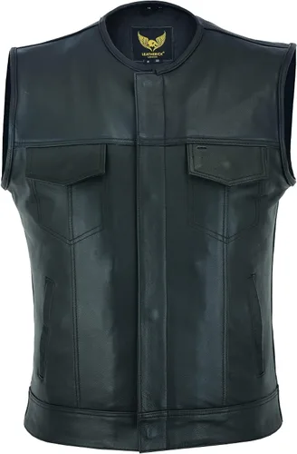 Vista 3 de Leatherick Mens Black Motorcycle Vests - Top Grain Cow Leather SOA Club & Traditional Paisley Satin Liner Leather Biker Vests Negro (sin cuello)