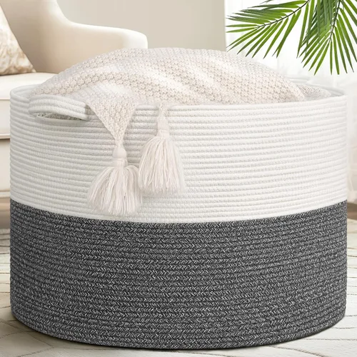 Vista 9 de Goodpick Cesta de manta de 65 litros, 19.7 x 12.6 pulgadas, cesta de cuerda de algodón, para sala de estar, organizadores de juguetes y Todo marrón