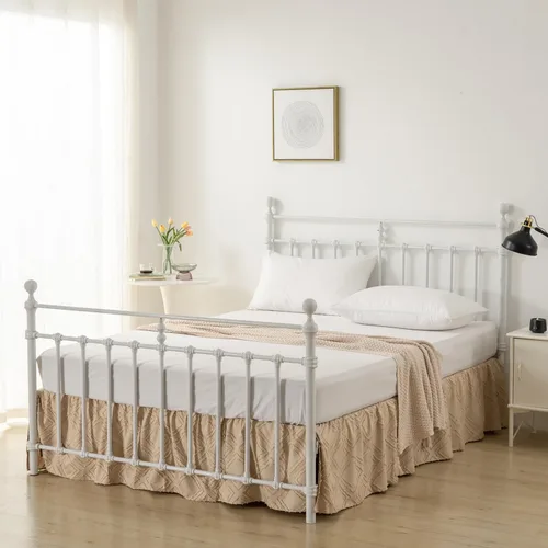 Vista 6 de Falda de cama tamaño Full con volantes y esquinas divididas, falda de cama boho acolchada caída de 14 pulgadas con plataforma, camello claro - 14