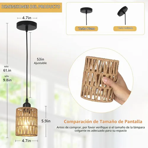 Vista 5 de LAMSU Lámparas colgantes de ratán de 1 luz, iluminación colgante bohemia de granja con pantalla tejida a mano de 4.7×5.9 pulgadas, pequeña lámpara