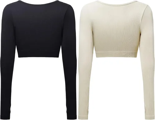 Vista 3 de Conjunto de 2 piezas de manga larga para mujer, camiseta corta de entrenamiento para mujer, gimnasio, acanalado, yoga, niña, estética, sin costuras