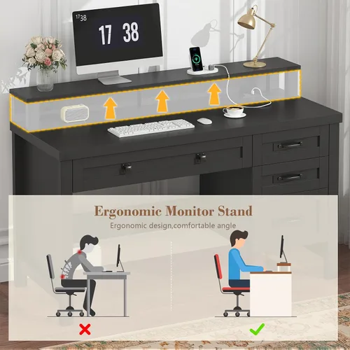 Vista 7 de YOMILUVE Escritorio para computadora de granja con cajones, escritorio pequeño para computadora de 47 pulgadas con tomas de corriente, escritorio
