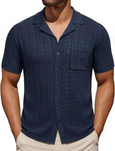 Vista 6 de Mens Cuban Guayabera Shirt Short Sleeve Untucked Solid Button Down Shirts Beach Wedding Causal Vacation Tops Pocket