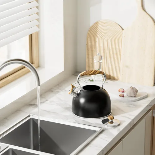 Vista 9 de Hervidor de té silbante de 2.6 cuartos de galón para estufa, de acero inoxidable de grado alimenticio con mango de madera con patrón fresco Negro