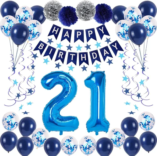 Vista 11 de Decoraciones de fiesta de cumpleaños azul número 29 para hombres y mujeres, suministros de globos de feliz cumpleaños 29 con pancarta de feliz