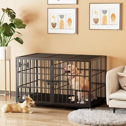 Vista 2 de Jaula XL de 54 pulgadas para perros grandes/perros medianos dobles, jaula de metal resistente para perros, toda metálica con parte superior abierta