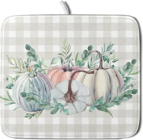 Vista 51 de Tapete de Secado de Platos de Florero de Girasoles Otoñales para Encimera de Cocina, Tapete de Secado de Hojas de Arce y Calabaza Otoñal de 16 x 18
