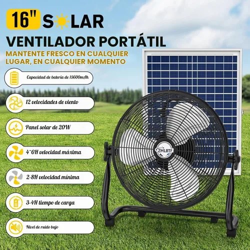 Vista 2 de Ventilador solar de 16" con panel solar desmontable de 20 W, negro 16" negro