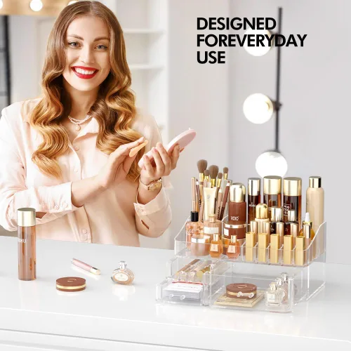 Vista 6 de Organizador de maquillaje para tocador, organizador de escritorio grande de acrílico con cajones, soporte de tocador ideal para cosméticos, lápices