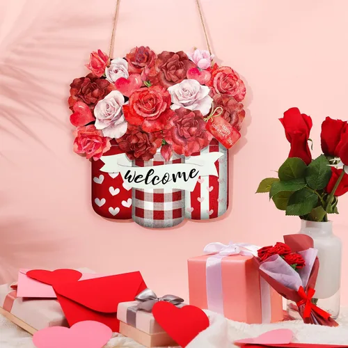 Vista 5 de Karenhi Corona de puerta del día de San Valentín para puerta delantera, letrero de madera, decoración del día de San Valentín, decoración