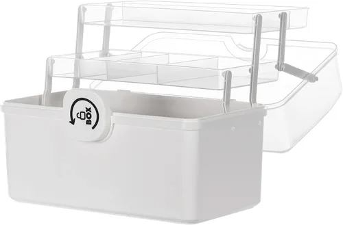 Vista 9 de Sooyee Organizadores y almacenamiento de manualidades, caja de plástico con bandeja plegable de 3 niveles, organizador de almacenamiento