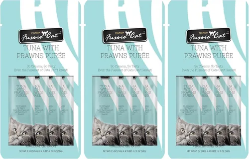 Vista 30 de Fussie Cat Golosinas prémium para gatos en puré de atún, golosinas para lamer, 3 paquetes de tubos de 4 a 0.5 onzas, (12 tubos en total), variedad