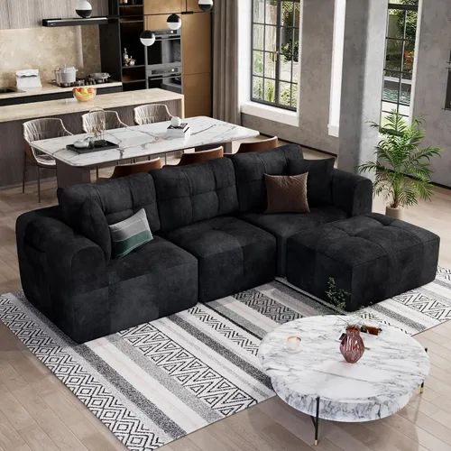 Vista 4 de Squireewo Sofá seccional modular de 110" con asiento profundo, sofá en forma de L sin costuras tapizado en forma de nube con otomano convertible