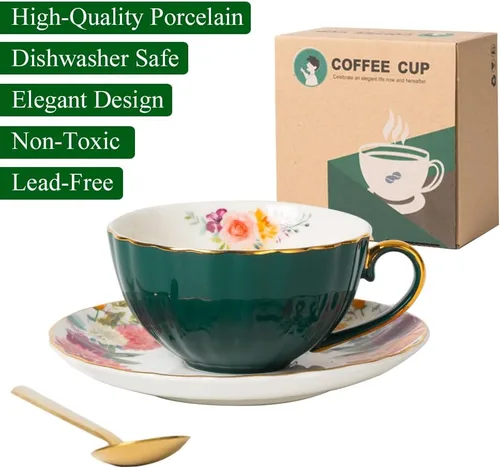 Vista 3 de JOYOFUN Taza y Platillo de Té Verde, Taza de Café de Porcelana con Diseño Floral Forrado de Cerámica Real con Ribete Dorado y Cuchara, Taza