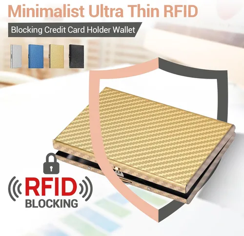Vista 121 de BONSYL® Soporte para tarjetas de crédito, cartera delgada de metal con bloqueo RFID, con 6 ranuras para tarjetas, para mujeres y hombres.