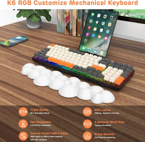 Vista 3 de Teclado mecánico inalámbrico, teclado para juegos de 2.4 GUSB-CBluetooth, intercambiable en caliente, almohadilla numérica eficiente, reposamuñecas