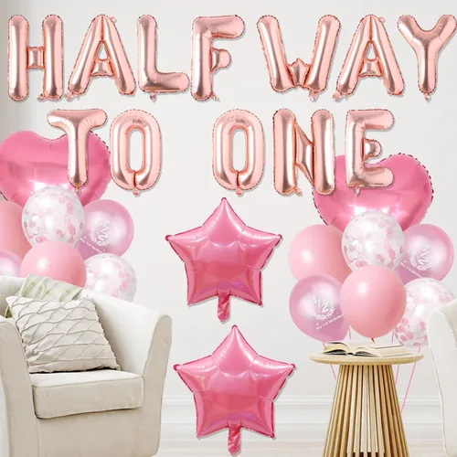 Vista 6 de Decoraciones de medio cumpleaños para niñas, pancarta de globos de medio camino a uno, globos de corazón de estrella rosa, globos de oro rosa