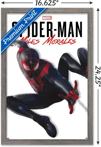 Vista 3 de Trends International Marvel Comics - Póster de pared de la serie Miles Morales, 22.4 pulgadas de largo x 14.7 pulgadas, versión enmarcada de madera