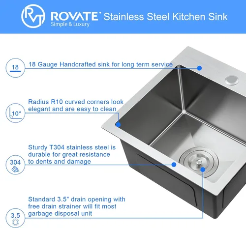 Vista 3 de ROVATE Fregadero de barra empotrable de 13 x 15 x 8 pulgadas, Fregadero de cocina pequeño de montaje superior de un solo compartimento, Fregaderos