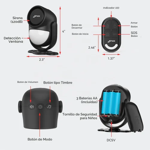 Vista 9 de CPVAN Alarma con sensor de movimiento WiFi, detector de movimiento PIR inteligente de 125 dB con alertas de aplicación de teléfono, sistema