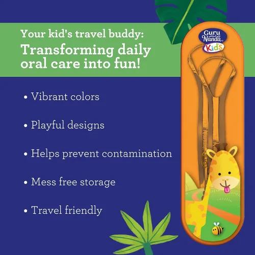 Vista 3 de GuruNanda Raspador de lengua para niños (paquete de 2) con estuche de viaje, acero inoxidable, ayuda al aliento fresco, limpiador de lengua apto
