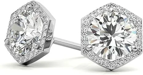 Vista 2 de IGI - Aretes de tuerca de diamantes redondos con halo hexagonal con certificación IGI en oro amarillo blanco de 14 quilates, rosa para mujer