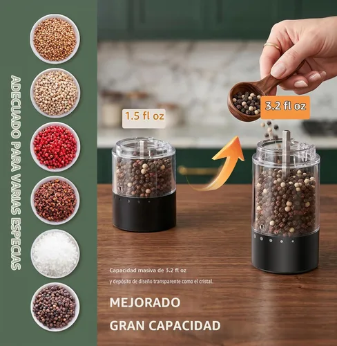 Vista 5 de Juego de molinillo de sal y pimienta eléctrico recargable, molinillo de pimienta automático con base de carga USB C, capacidad grande mejorada
