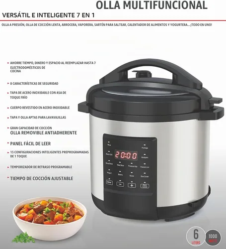 Vista 2 de EMB Ironblade - Olla a presión programable 7 en 1, 6 litros, acero inoxidable de 1000 W, olla de cocción lenta, arrocera, vaporera, sartén