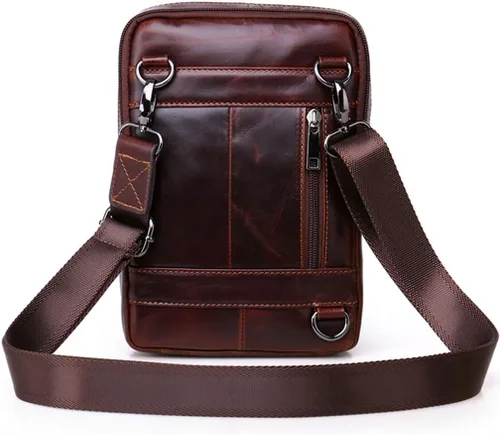 Vista 4 de Hebetag Bolso bandolera de cuero pequeño para hombres y mujeres, para viajes al aire libre, negocios