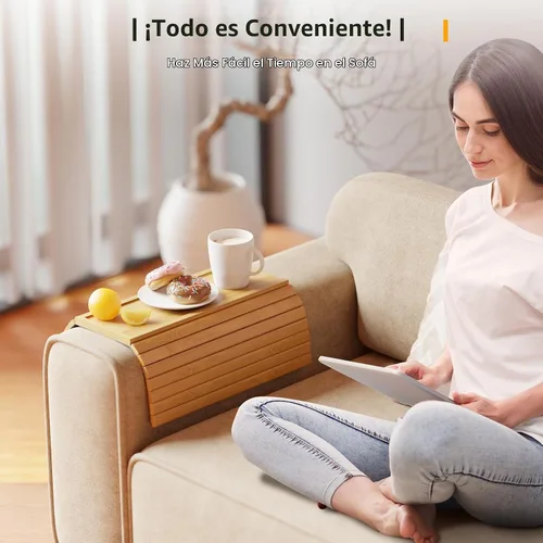 Vista 6 de Bestjing Bandeja para Brazo de Sofá de Bambú - Bandeja para Brazo de Sofá con Soporte para Tazas Desmontable - Caddy de Brazo de Sillón Plegable
