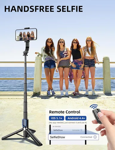 Vista 6 de Trípode para selfie stick de 41 pulgadas, extensible portátil 4 en 1, trípode de aluminio para teléfono con control remoto inalámbrico, rotación