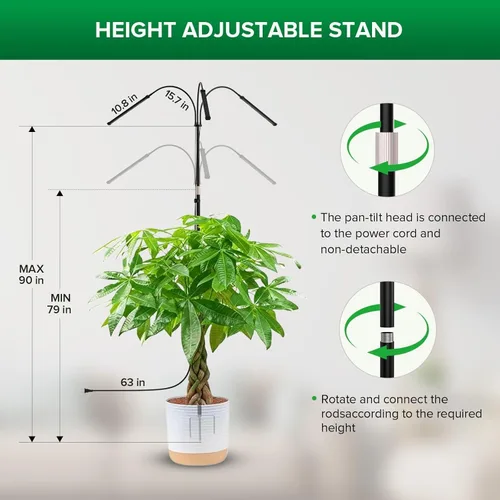 Vista 3 de SANSI Luz de cultivo para plantas de interior, luces LED de 3 cabezales para cultivo en interiores, espectro completo de 79 a 90 pulgadas de altura