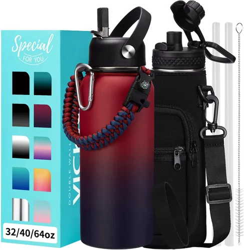 Vista 38 de Botellas de agua de 32 onzas aisladas con pajita y tapa para beber de un sorbo, asa de paracord, bolsa de transporte con correa, termo de triple