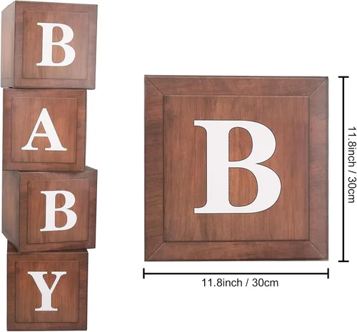 Vista 3 de BabyWood Cajas de grano marrón – Juego de regalo para bebé de 4 piezas con letras, tema de oso de peluche, decoración de fiesta de revelación