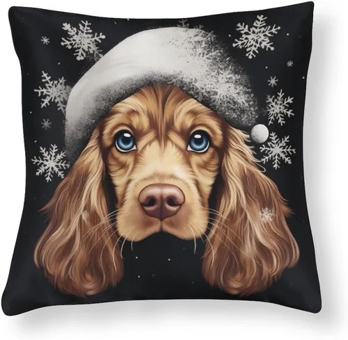 Vista 11 de Divertidas fundas de almohada de satén de Navidad con diseño de perro y cocker spaniel con gorro de Papá Noel, copos de nieve, decoración