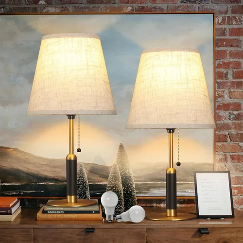 Vista 11 de 18.9" Modern Mid Century Table Lamp Pull Chain Bedside Lamps for Nightstand Lamp for Bedroom Living Room 3-Color Light Solid Wood/Metal/Fabric for