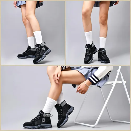 Vista 7 de Qiucdzi Botas de nieve de invierno para hombre, con forro de piel cálida, antideslizantes, para exteriores, zapatos de trekking antideslizantes