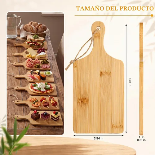 Vista 2 de Tanlade 100 tablas de cortar a granel de 9 x 4 pulgadas, tabla de cortar de bambú con mango de madera, tablón de charcutería grabado para servir