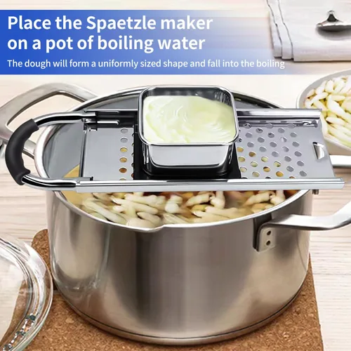 Vista 6 de Spaetzle Maker de acero inoxidable de grado premium ensanchado mango de plástico hecho en casa bola de masa de fideos de huevo tamaño perfecto