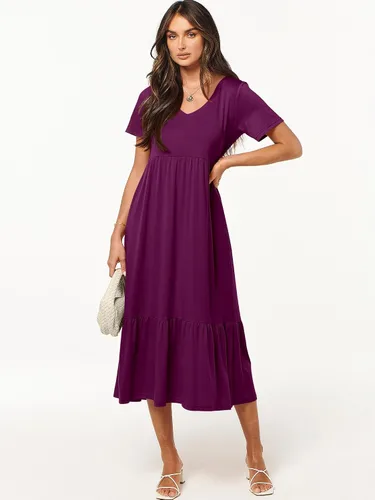 Vista 2 de ANRABESS Vestido largo casual de verano para mujer, manga corta, cuello en V, escalonado, playa, vacaciones, vestido de verano 2025