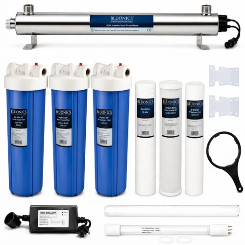 Vista 9 de Bluonics Sistema purificador de filtro de agua de pozo de carbono y sedimentos UV de 110 W con puertos NPT de 1 pulgada, UV de 24 GPM con 3 filtros