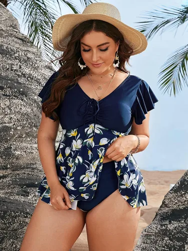 Vista 4 de MakeMeChic Traje de baño tankini de dos piezas para mujer, talla grande, manga con volantes
