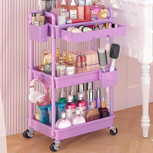 Vista 11 de Goovilla Carrito Organizador de Maquillaje Rodante con Cajón Extraíble, Carrito de Almacenamiento de Cuidado de la Piel de 3 Niveles Estable Negro