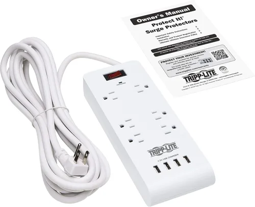 Vista 5 de Tripp Lite Regleta de protección contra sobretensiones de 6 tomas de corriente, 4 puertos USB, carga rápida de 4.2 A, cable de 15 pies, 900 julios