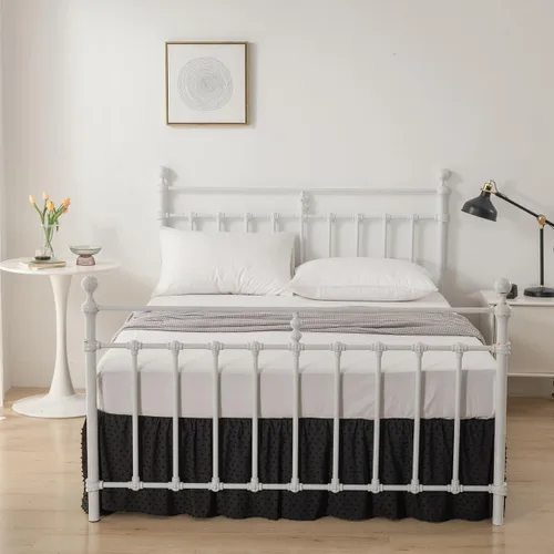 Vista 6 de Falda de cama de lunares copetudos, falda de cama con volantes tamaño King con esquinas divididas, faldas de cama con volantes de 14 pulgadas