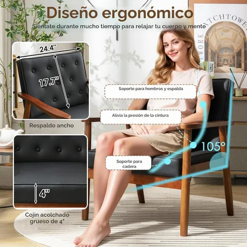Vista 4 de STHOUYN Sillas decorativas de cuero negro, sillas de sala de espera con brazos de madera, silla con brazo para invitados de oficina, silla moderna