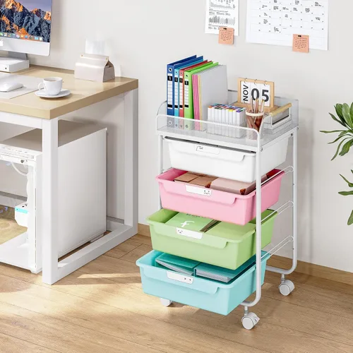 Vista 2 de SYKIARIOL Carrito Rodante con 4 Cajones, Carrito Utilitario Rodante de 4 Niveles Carrito de Manualidades, Carrito de Almacenamiento Rodante