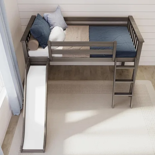 Vista 6 de Max & Lily Cama tipo loft baja tamaño individual con tobogán y escalera, muebles clásicos de madera maciza para dormitorio de niños, capacidad