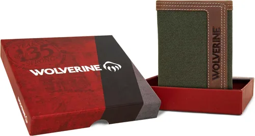 Vista 5 de WOLVERINE Cartera triple de cuero y lona resistente para hombre con bloqueo RFID, NegroGris